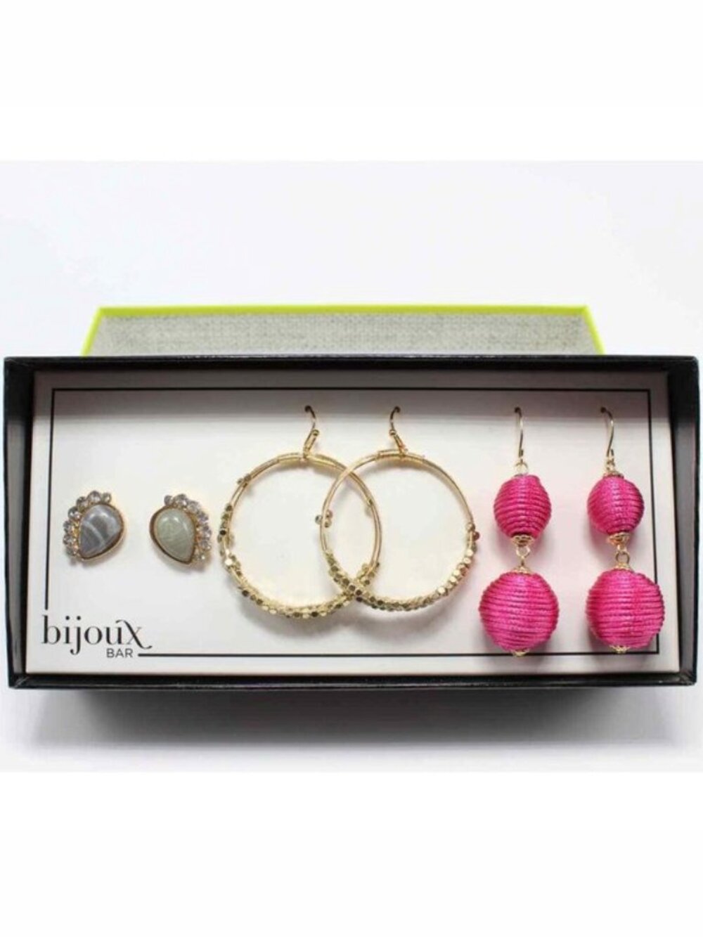 Bijoux Bar 3 Pairs Earrings Hot Pink Drops & Crystal Posts & Gold Hoops NIB M655